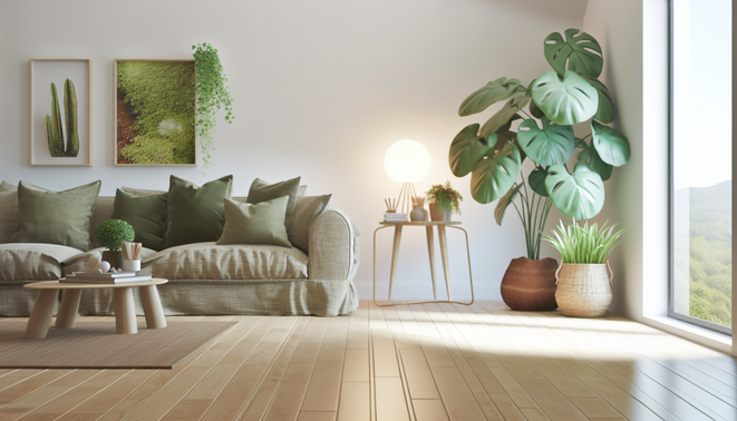 alt_text: A cozy, eco-friendly living room with natural decor, plants, and sustainable furnishings.